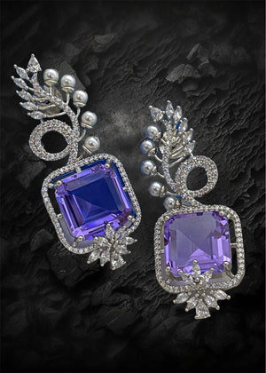 Party Wear Zircon Earrings, Platinum Color Plated, Purple colour