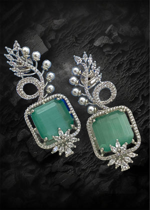 Party Wear Zircon Earrings, Platinum Color Plated, Sea Green