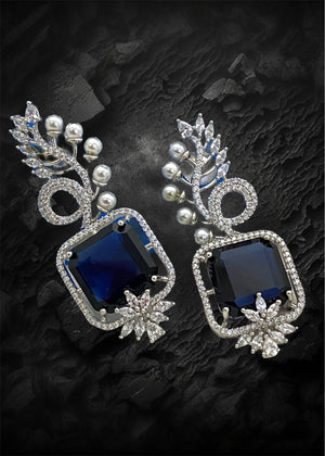 Party Wear Zircon Earrings, Platinum Color Plated, Sapphire Blue