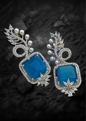 Party Wear Zircon Earrings, Platinum Color Plated, Peacock Blue