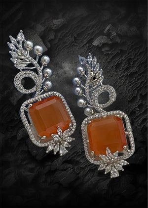 Party Wear Zircon Earrings, Platinum Color Plated, Peach Orange