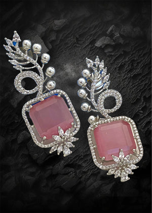 Party Wear Zircon Earrings, Platinum Color Plated, Light pink