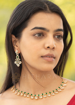 Hithara's American Diamond set - Green and White stones with Earrings