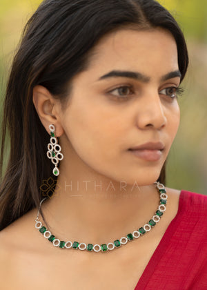 Hithara's American Diamond set - Green and White stones with Earrings