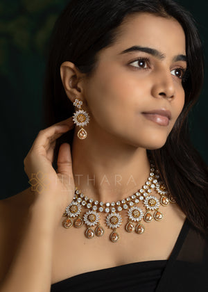 Hithara's Bollywood style American Diamond set - Citrine Yellow and White stones with Earrings