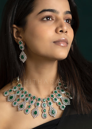 Hithara's Bollywood style American Diamond set - Emerald Green  and White stones with Earrings