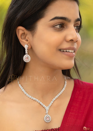 Hithara's American Diamond set - Rhodium Polish, Light Pink and White stones with Earrings (Copy)