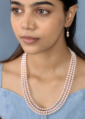 Hithara's Shell Pearl Necklace, 3 layers, Pink