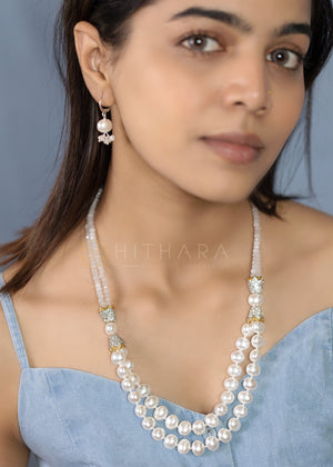 Hithara's Shell Pearl Necklace with agate beads, 2 layers, Cream