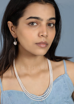 Hithara's Shell Pearl Necklace, 3 layers, Rice/Oval shaped, Cream